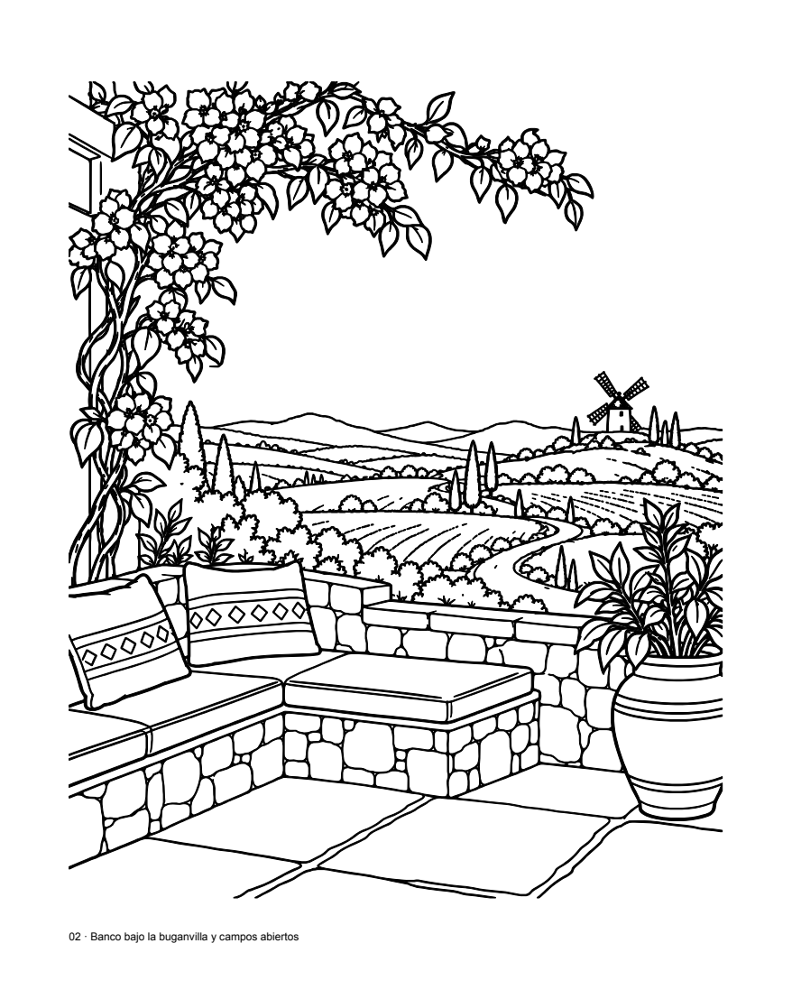 Beneath the bougainvillea: black-and-white interior illustration