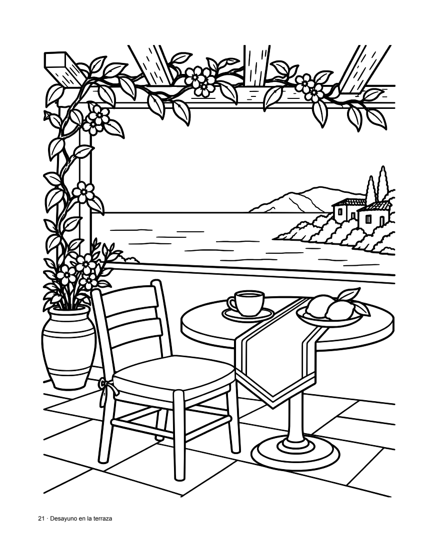 Breakfast on the terrace: black-and-white interior illustration