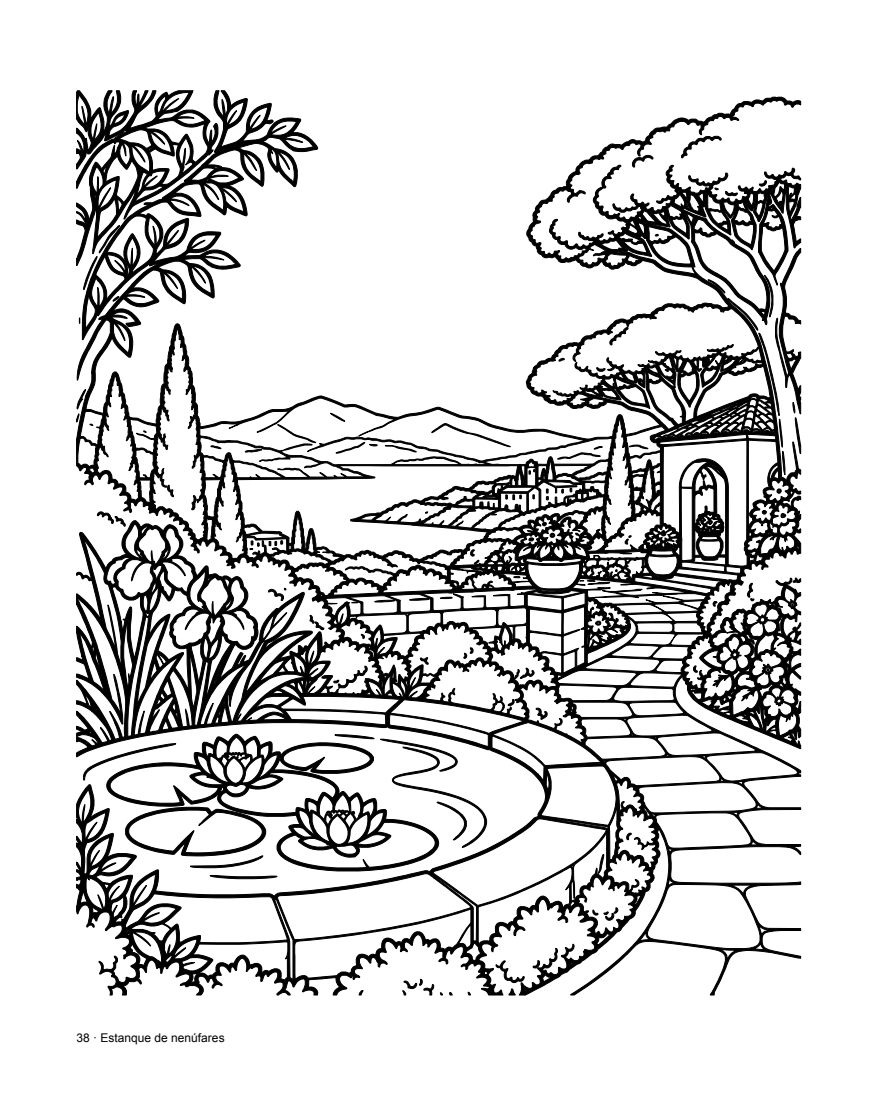 A garden by the water: black-and-white interior illustration
