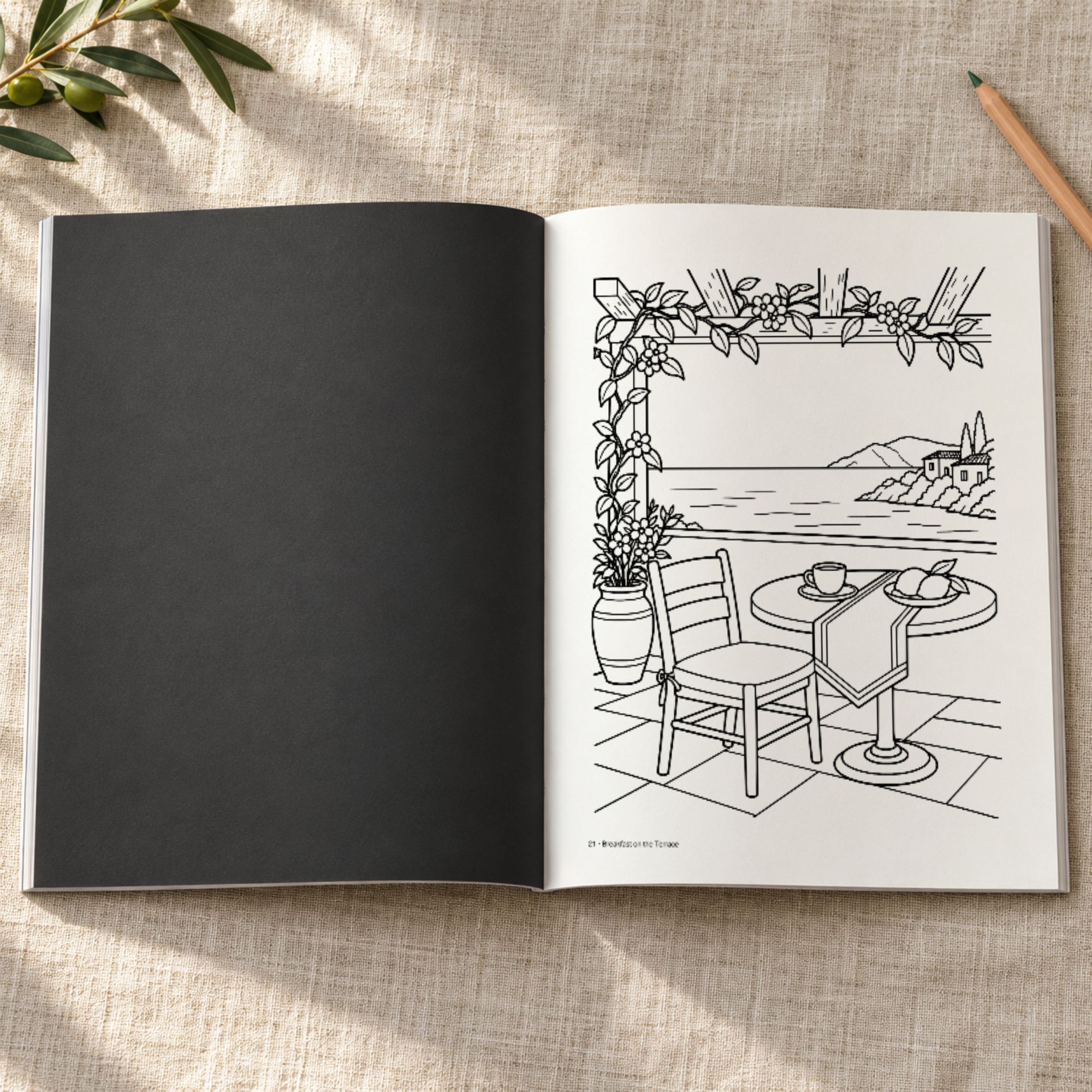 Digital mockup of the book open at the terrace scene, with a dark gray reverse and original illustration