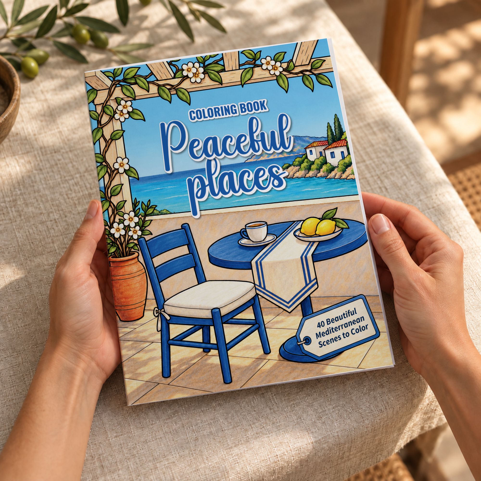 Digital mockup of Peaceful Places held in the hands, showing the original English cover