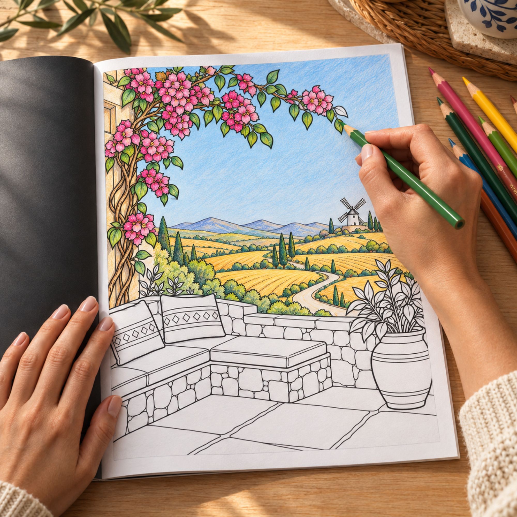 Digital mockup: hands coloring the bougainvillea and windmill scene