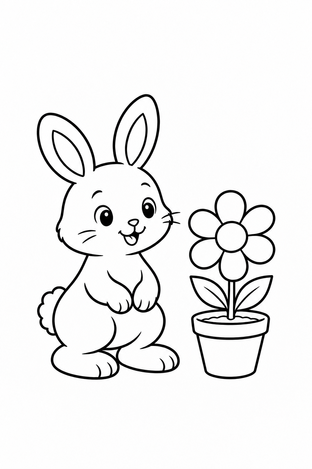 El conejo junto a la flor que ha cuidado, dibujo en blanco y negro para colorear