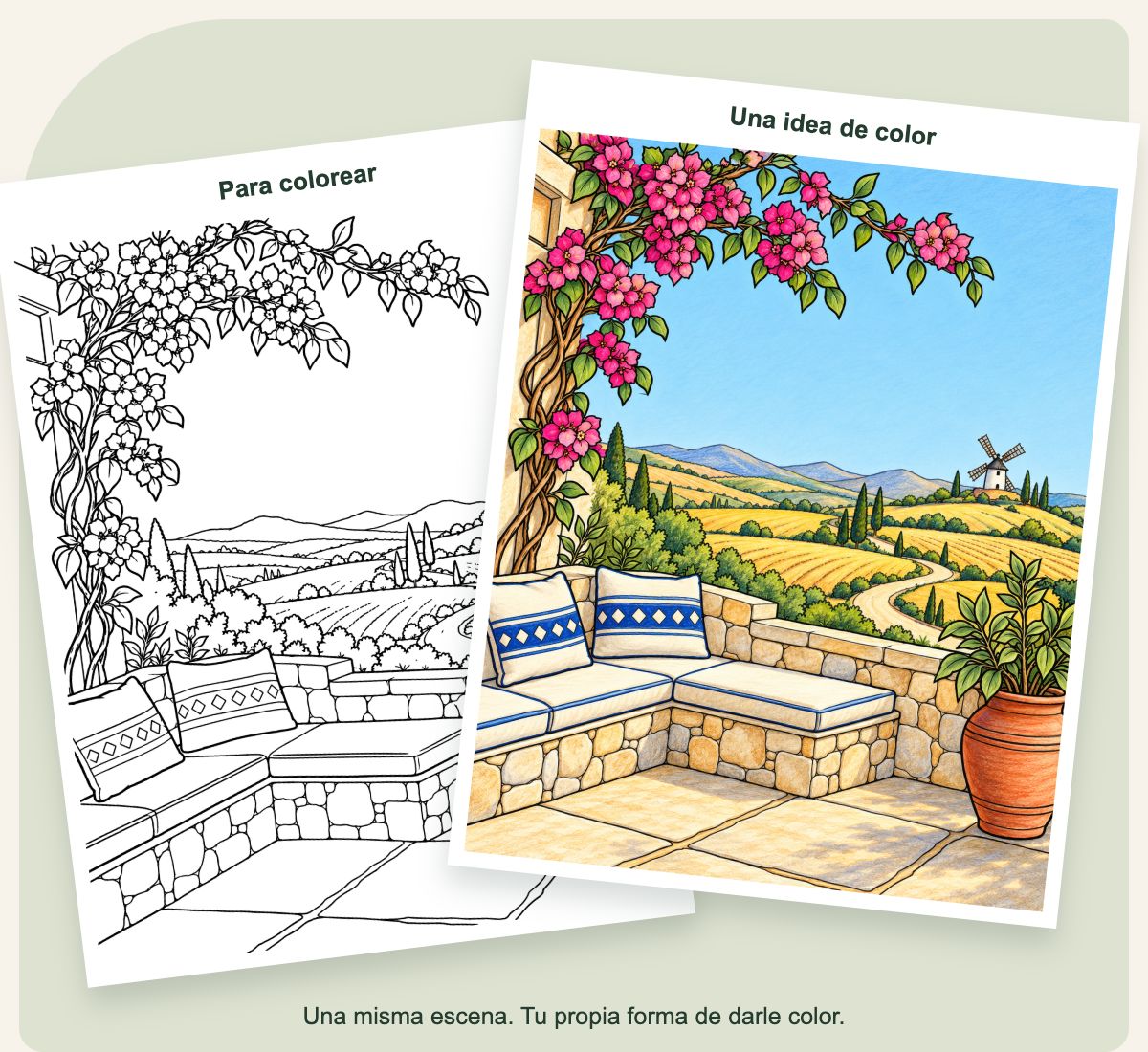 Una misma terraza con flores y molino: dibujo sin colorear y ejemplo con flores rosas, campos dorados y cielo azul. Tu propia forma de darle color.