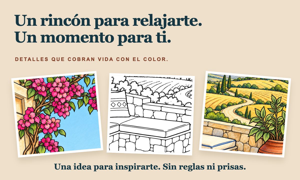 Un rincón para relajarte. Un momento para ti. Flores rosas y campos dorados junto a un detalle sin colorear.