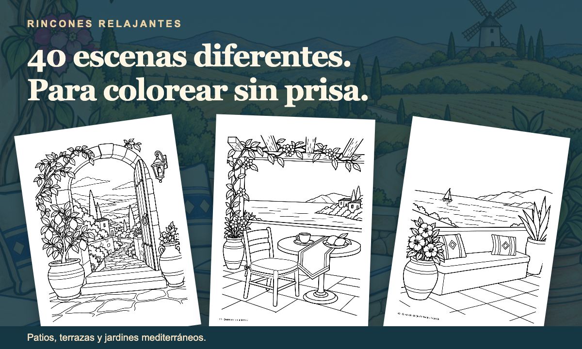 40 escenas diferentes. Para colorear sin prisa. Composición con detalles de patios, terrazas y jardines.